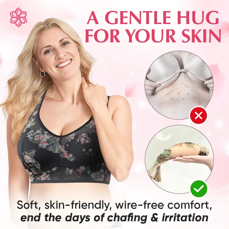 Seamless Full Coverage Wire Free Back Support Posture Bra Plus Size Flower lace bra