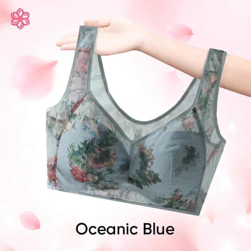 Seamless Full Coverage Wire Free Back Support Posture Bra Plus Size Flower lace bra