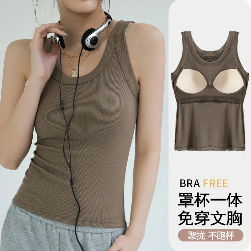 2024 Women's Vest Tops with Built In Bra Neck Vest Padded Slim Fit Tank Tops Sexy Shirts Feminino Casual